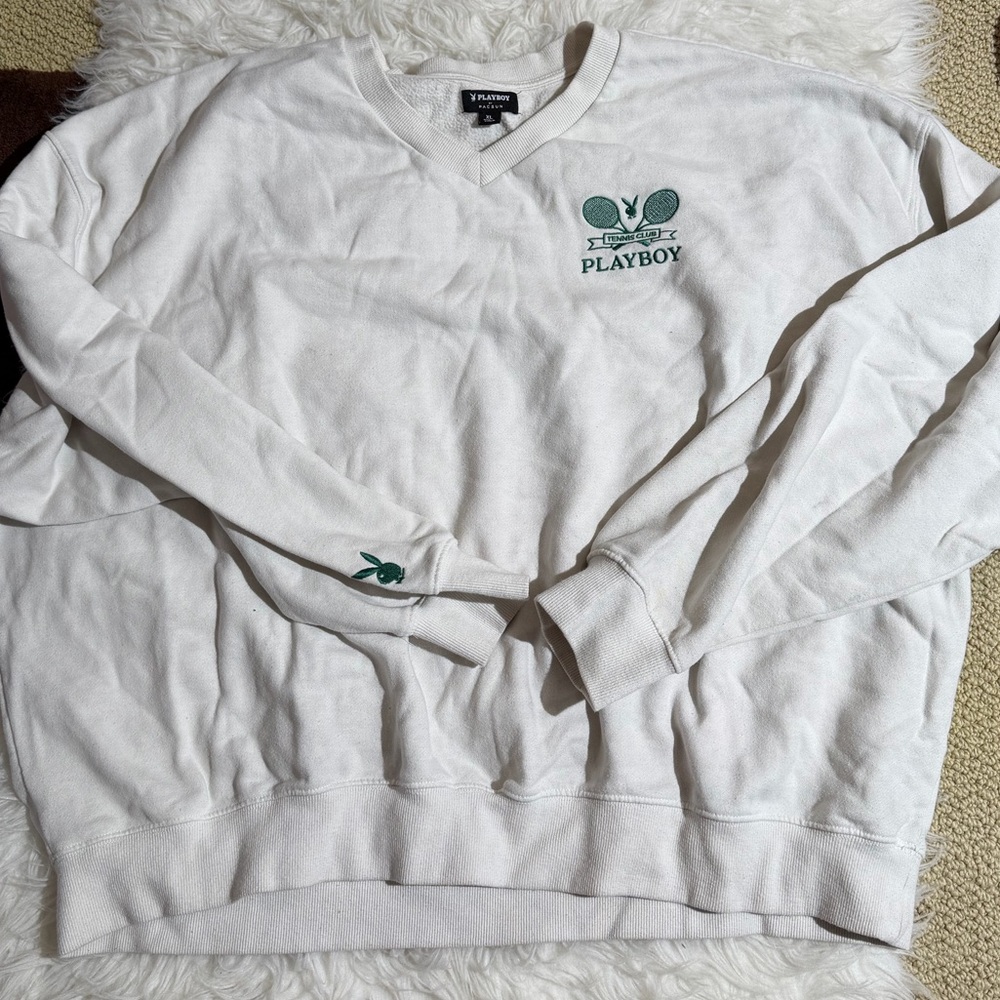 PLAYBOY Pacsun XL V neck crewneck sweater sweatshirt white Tennis Racquet Green